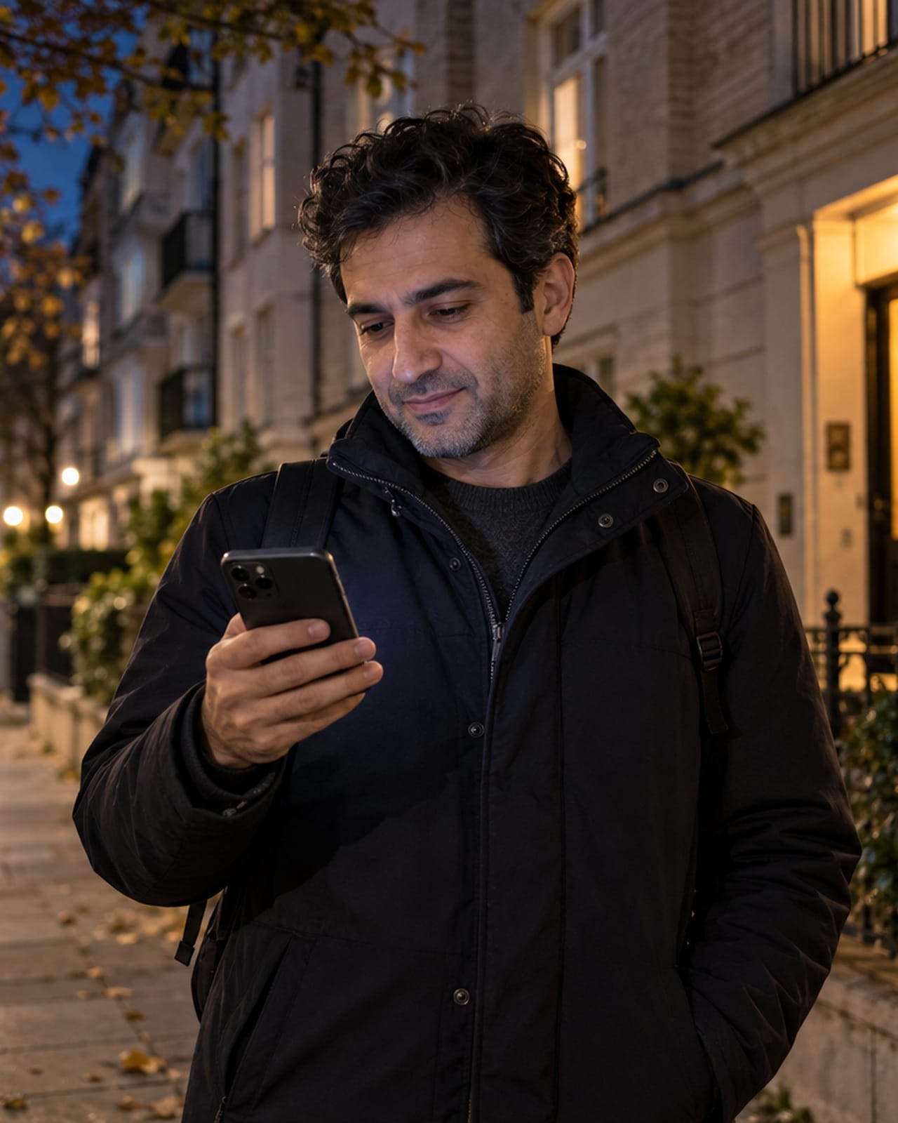 Someone abroad reading an update on their phone in the evening